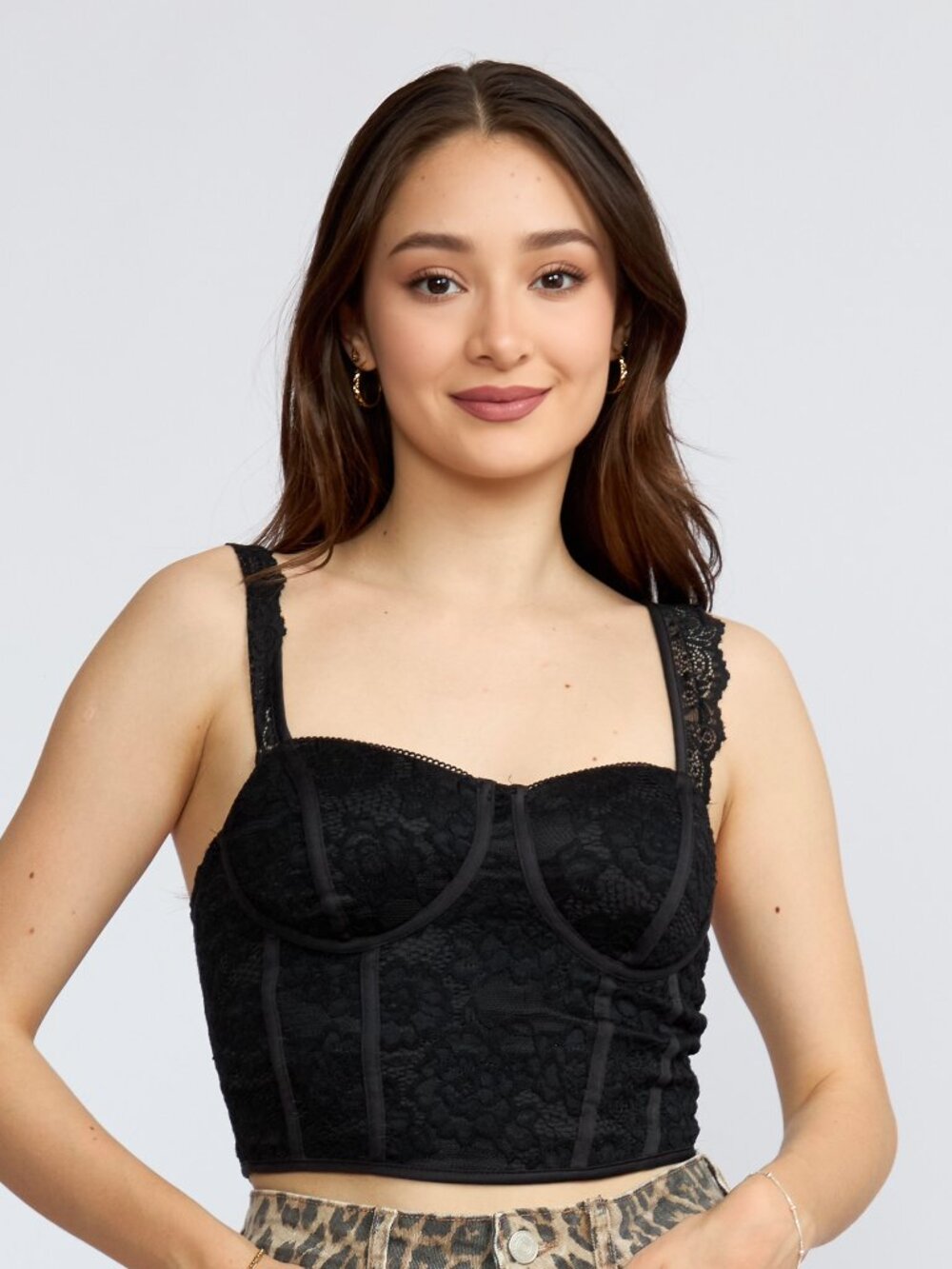 Women's Black Lace Bustier Corset Crop Top, Sleeveless Fitted Top